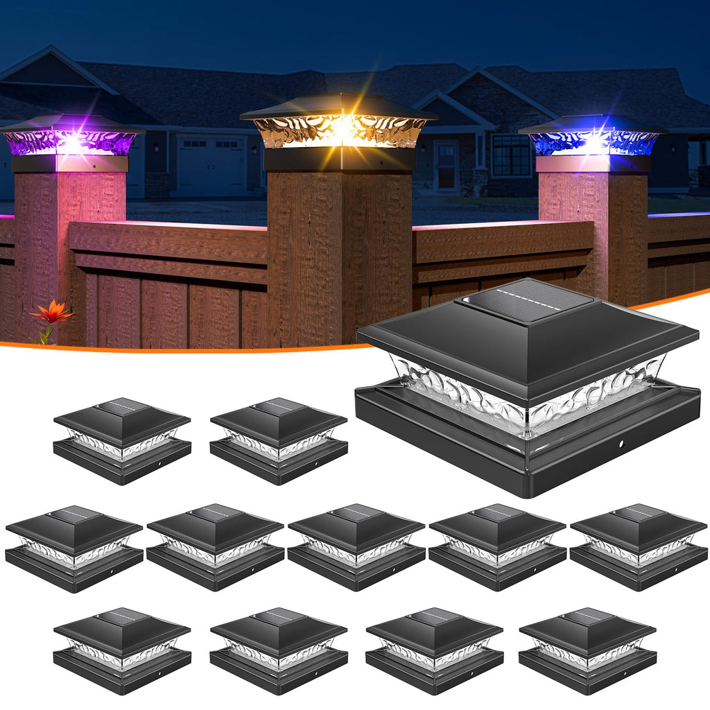 Solar Post Cap Lights with 8 RGB Solid Colors & Multicolor Flow - 12 Pack 6x6 Post Cap Solar Light, IP65 Waterproof