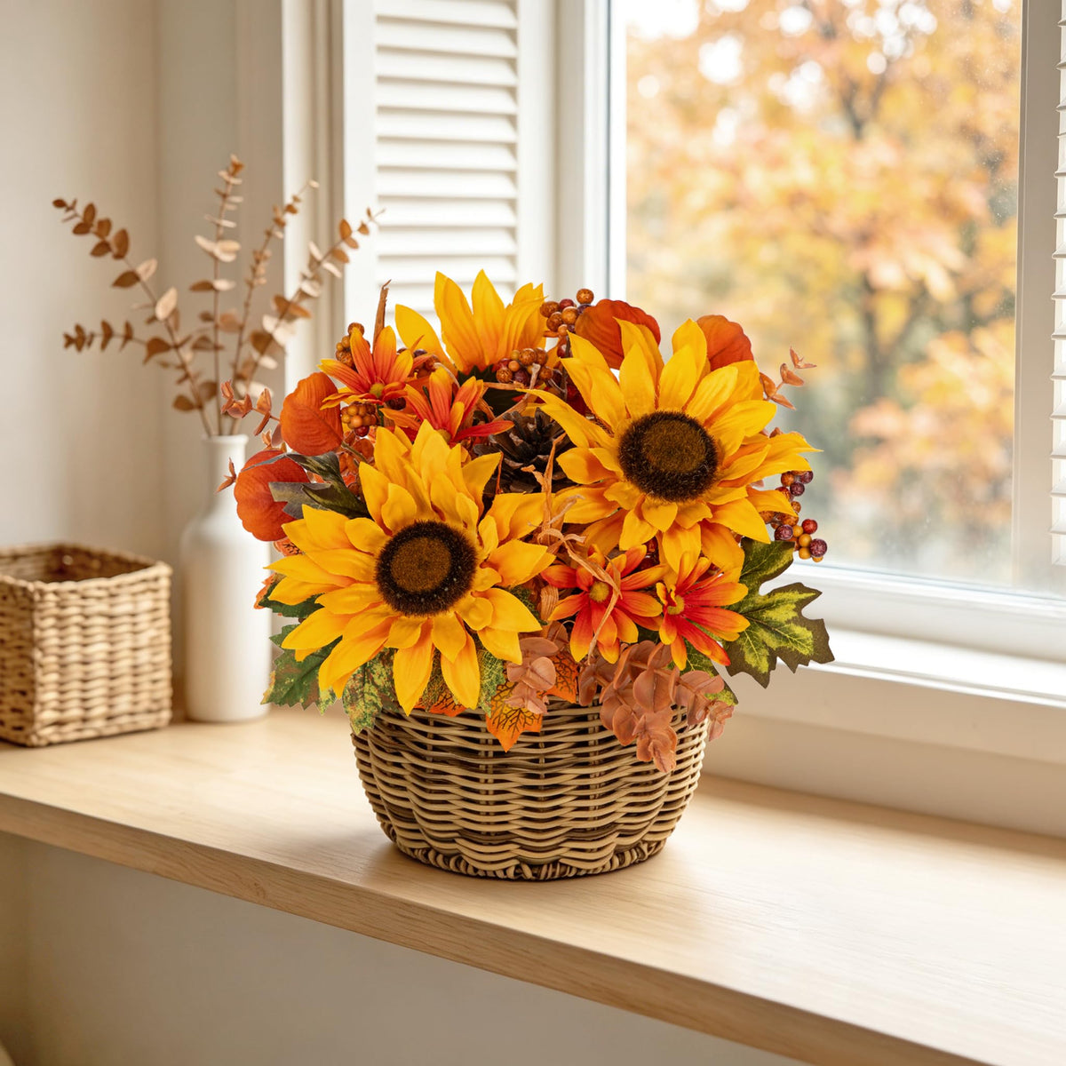 9.8" Artificial Sunflower Fall Centerpiece Arrangement in Woven Basket