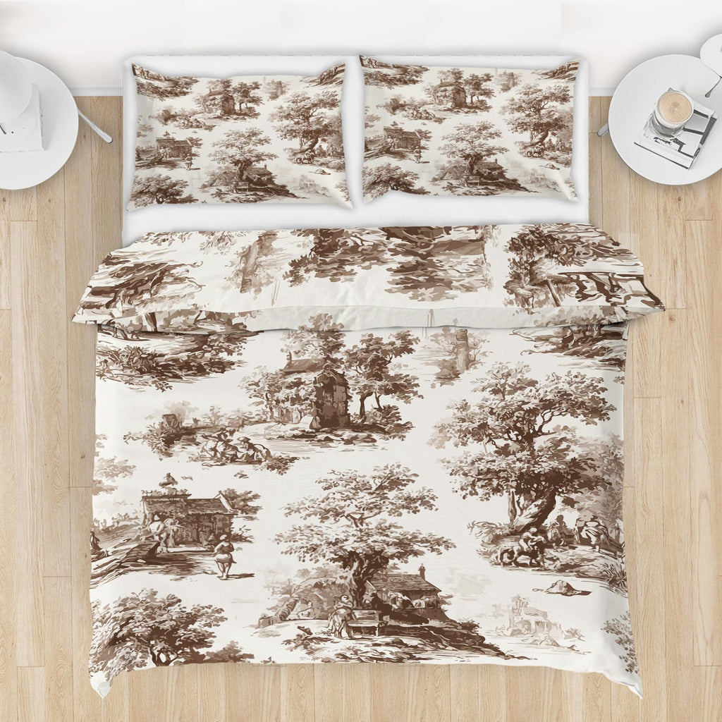 Blue Vintage Duvet Cover - Country Scene Duvet Cover Set 3Pcs - Toile Bedding Set - Brown Comforter Cover
