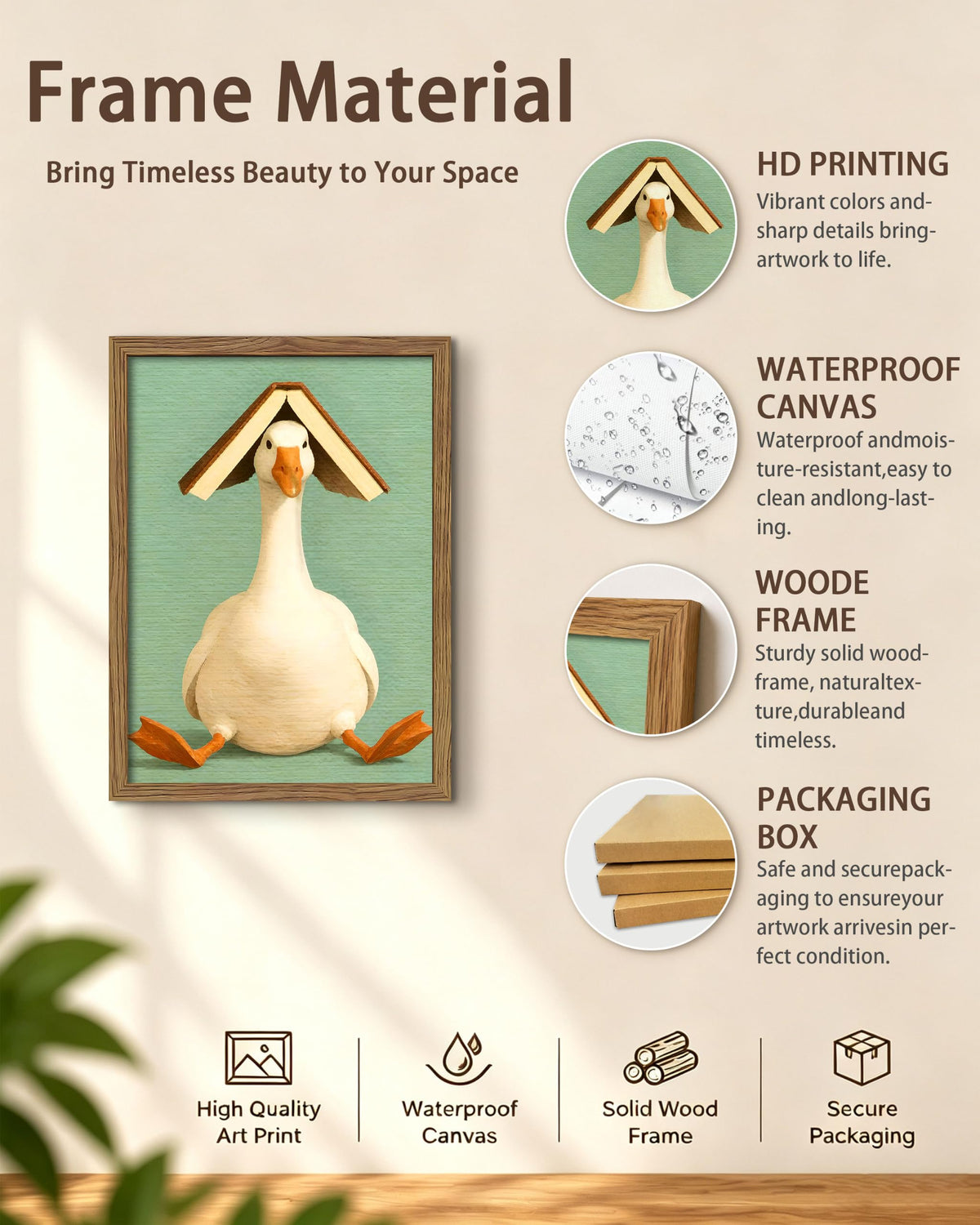 Funny Goose Wall Art 16x24 Inch, Framed Canvas Print, Cute Duck Bird Poster Painting Picture, Vintage Farmhouse