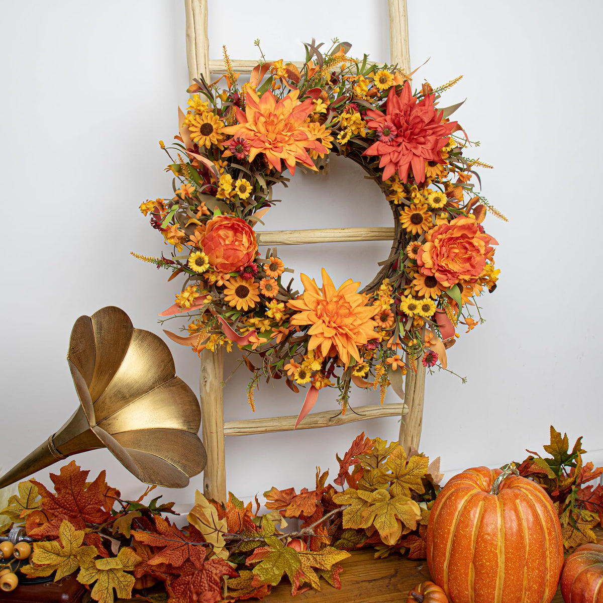 22 Inch Artificial Fall Wreath Autumn Wreaths for Front Door Thanksgiving Wreath with Peony Dahlia Daisy Flowers for
