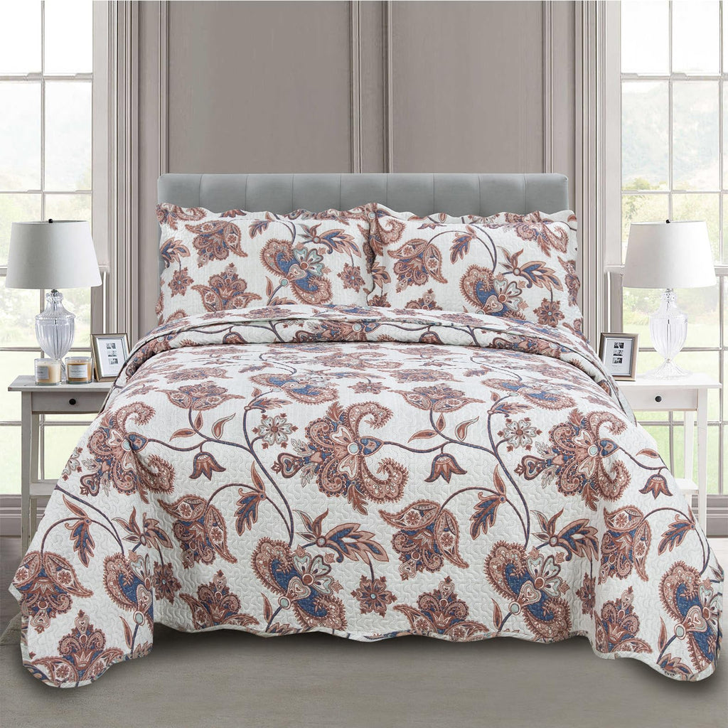 Rich Printed Embossed Pinsonic Coverlet Bedspread Ultra Soft Bedding 3 Piece Summer Quilt Set with 2 Quilted Shams