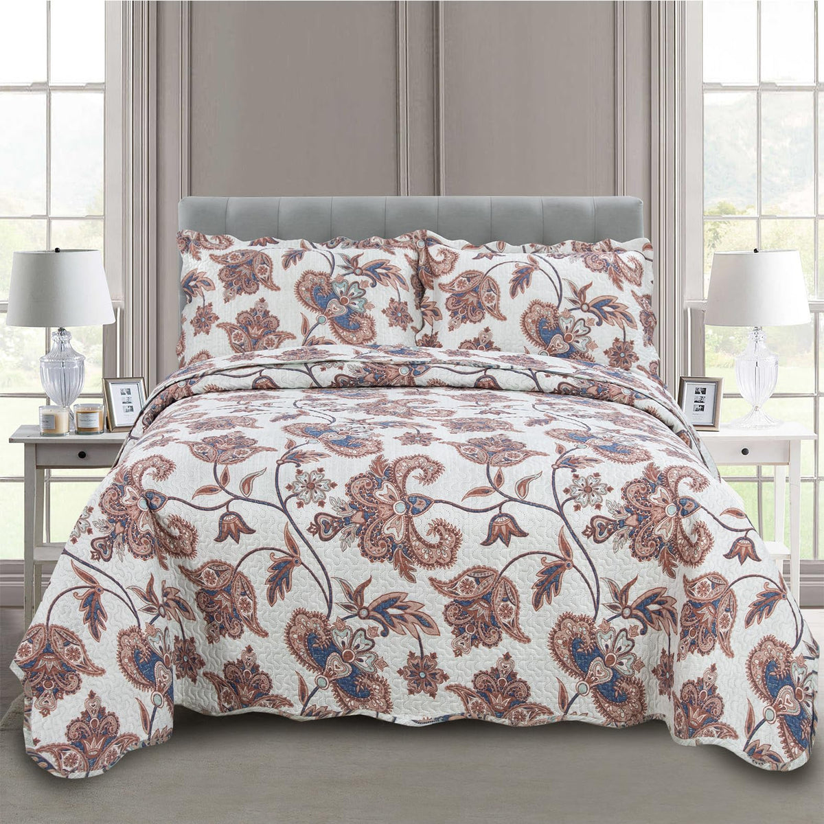 Rich Printed Embossed Pinsonic Coverlet Bedspread Ultra Soft Bedding 3 Piece Summer Quilt Set with 2 Quilted Shams