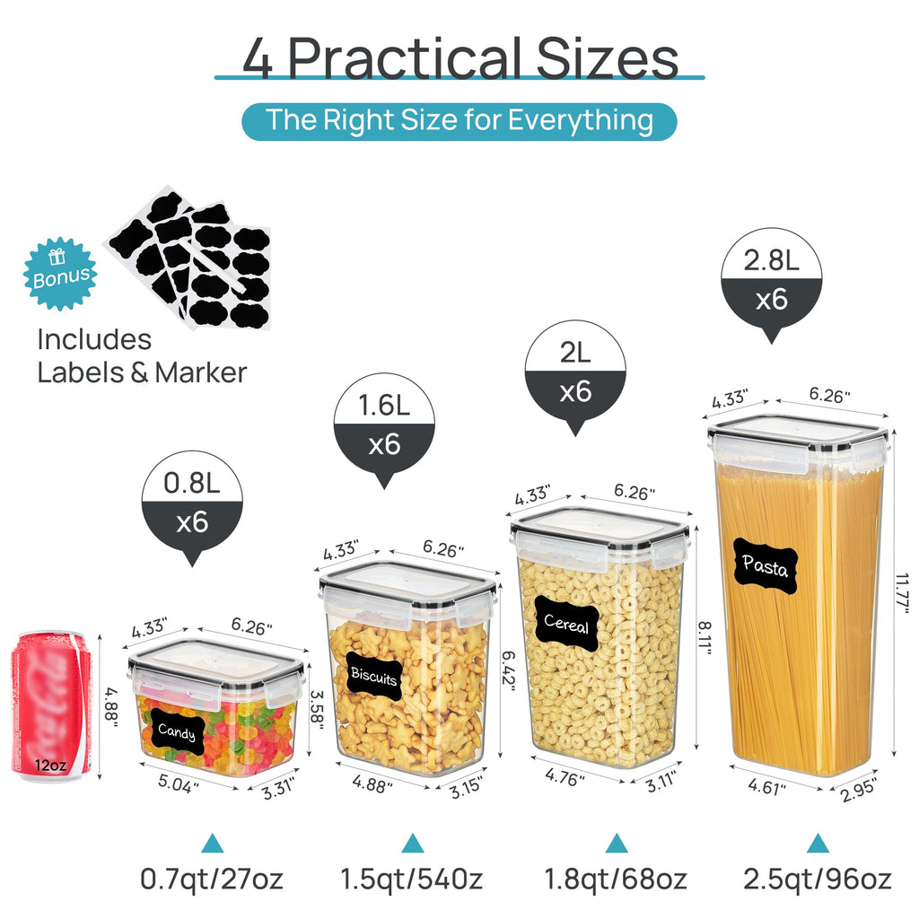 Airtight Food Storage Containers with Lids, 24 pcs, Black