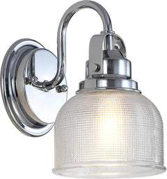 Virginia 1-Light Bath Vanity Light 5.75", Chrome | Metal Wall Sconce, Clear Glass Textured Bell Shade, Dimmable, For
