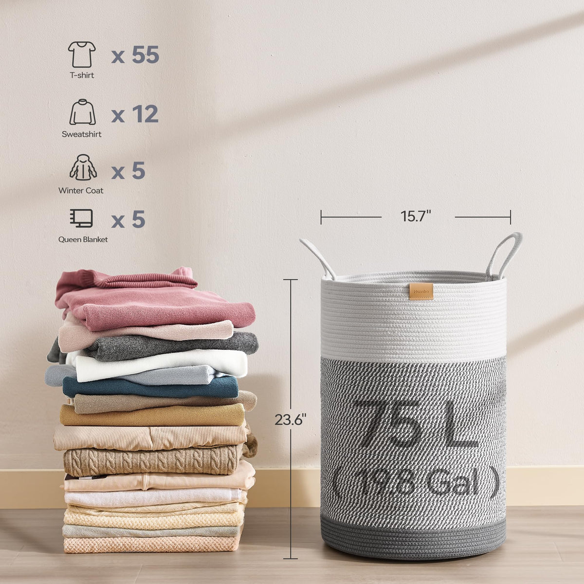 Laundry Hamper 75L,Large Laundry Basket for Clothes,Decorative Storage Basket for Blankets,Cotton Rope Woven basket