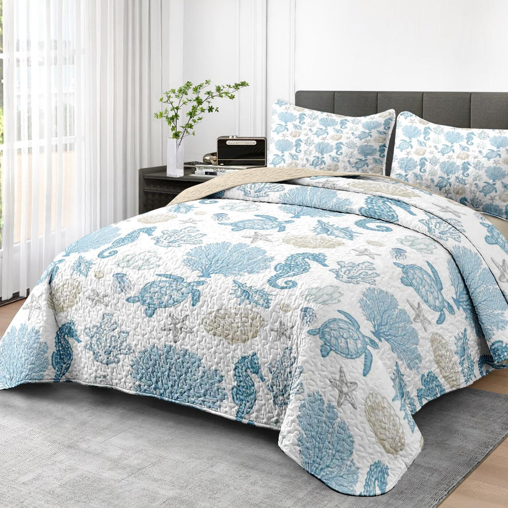 Quilt Set, 3 Pieces Sea Shell Coral Bedding, Bedspread