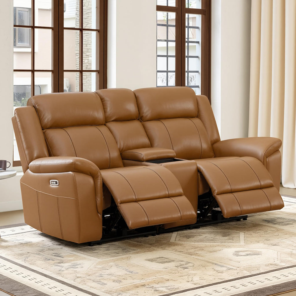 Leather Power Recliner Sofa, Saddle, Loveseat with Console