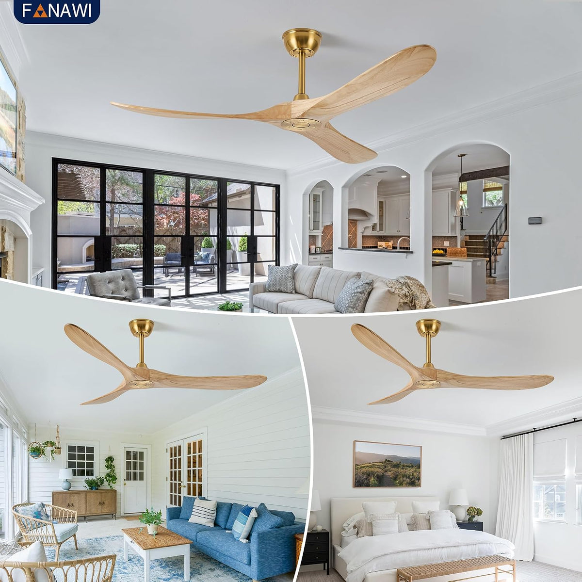 Inspired Maverick Style 60" Ceiling Fan No Light, 3 Solid Wood Blades, Brass Gold Motor, Quiet Reversible DC Motor with Remote Control