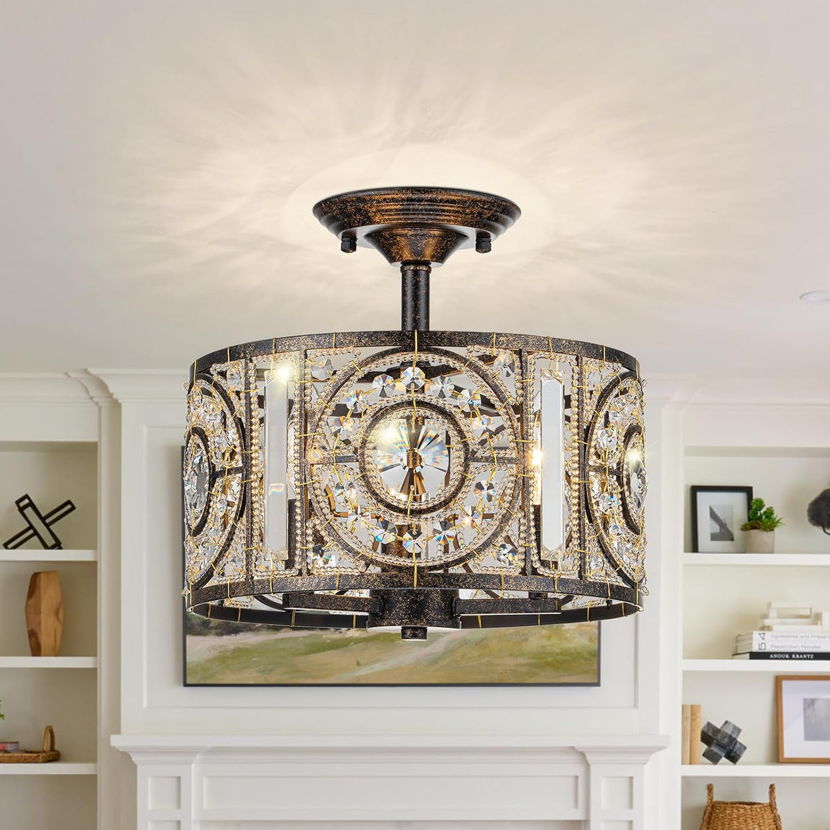 3-Light Vintage Bronze Crystal Drum Chandelier for Bedrooms and Entryways
