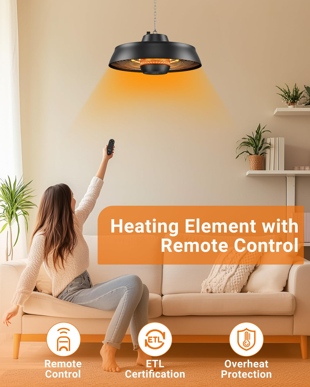 Carbon Infrared Hanging Patio Heater, 3-Second Warmth, Black