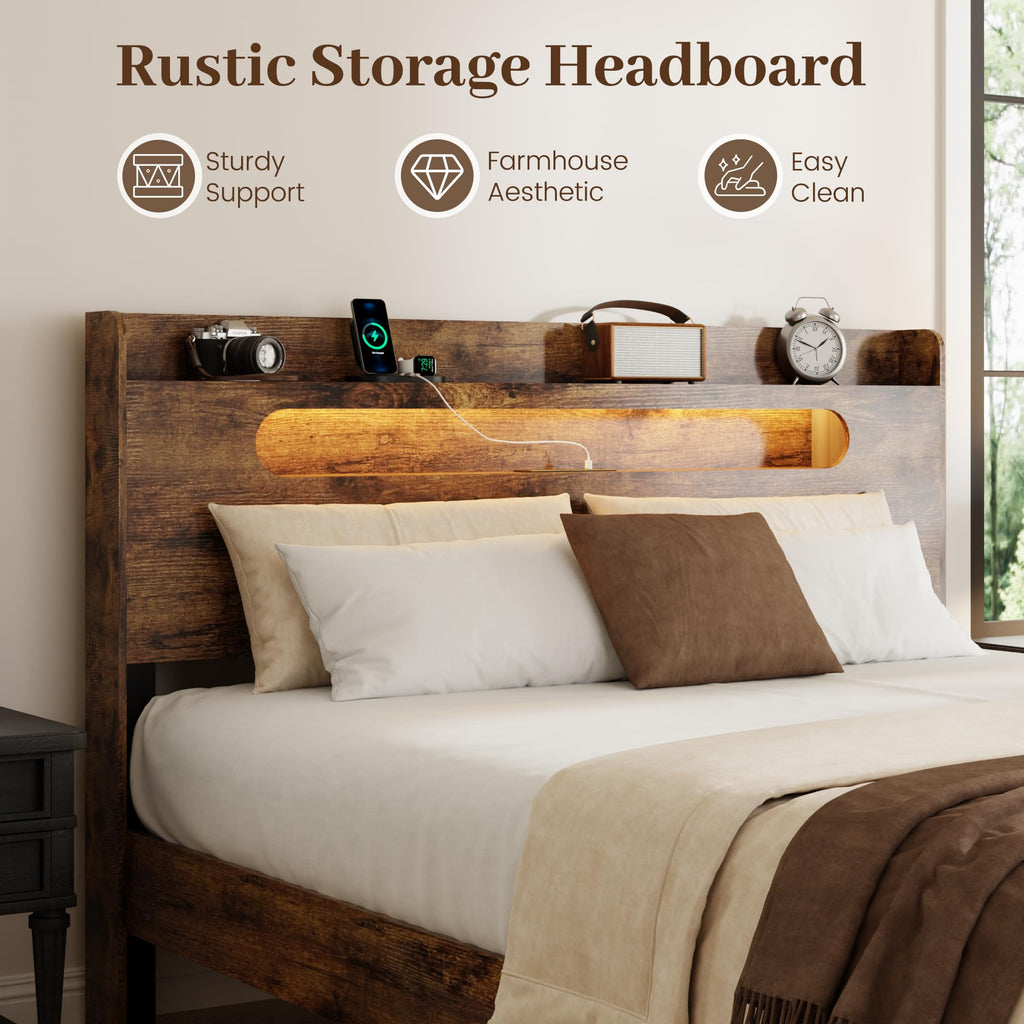 Bed Frame, 2-Tier Storage Headboard Platform Bed, Rustic Brown
