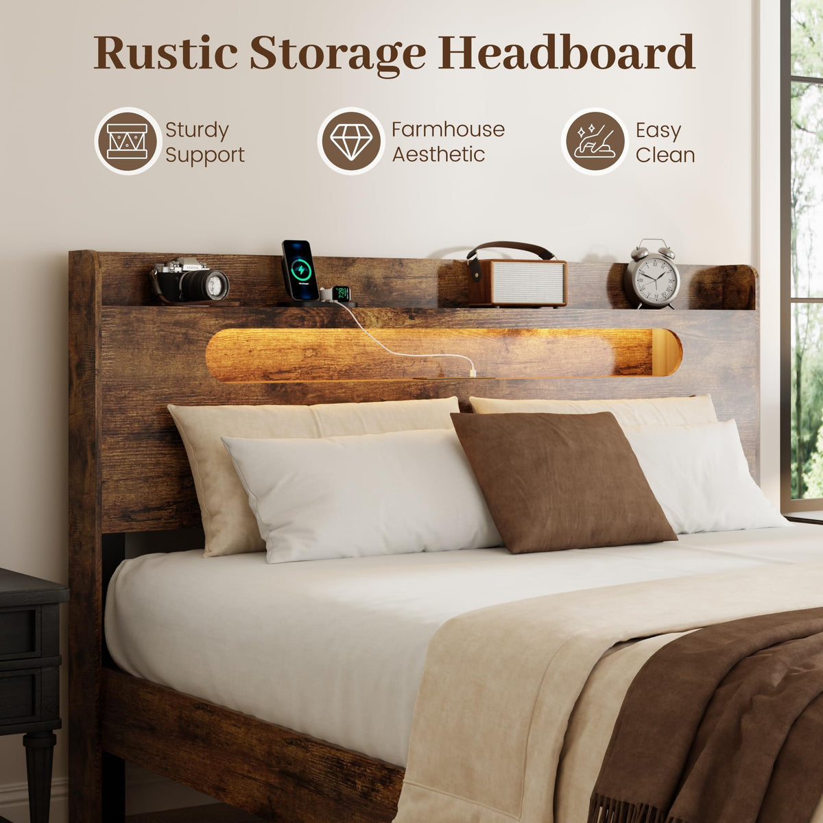 Bed Frame, 2-Tier Storage Headboard Platform Bed, Rustic Brown