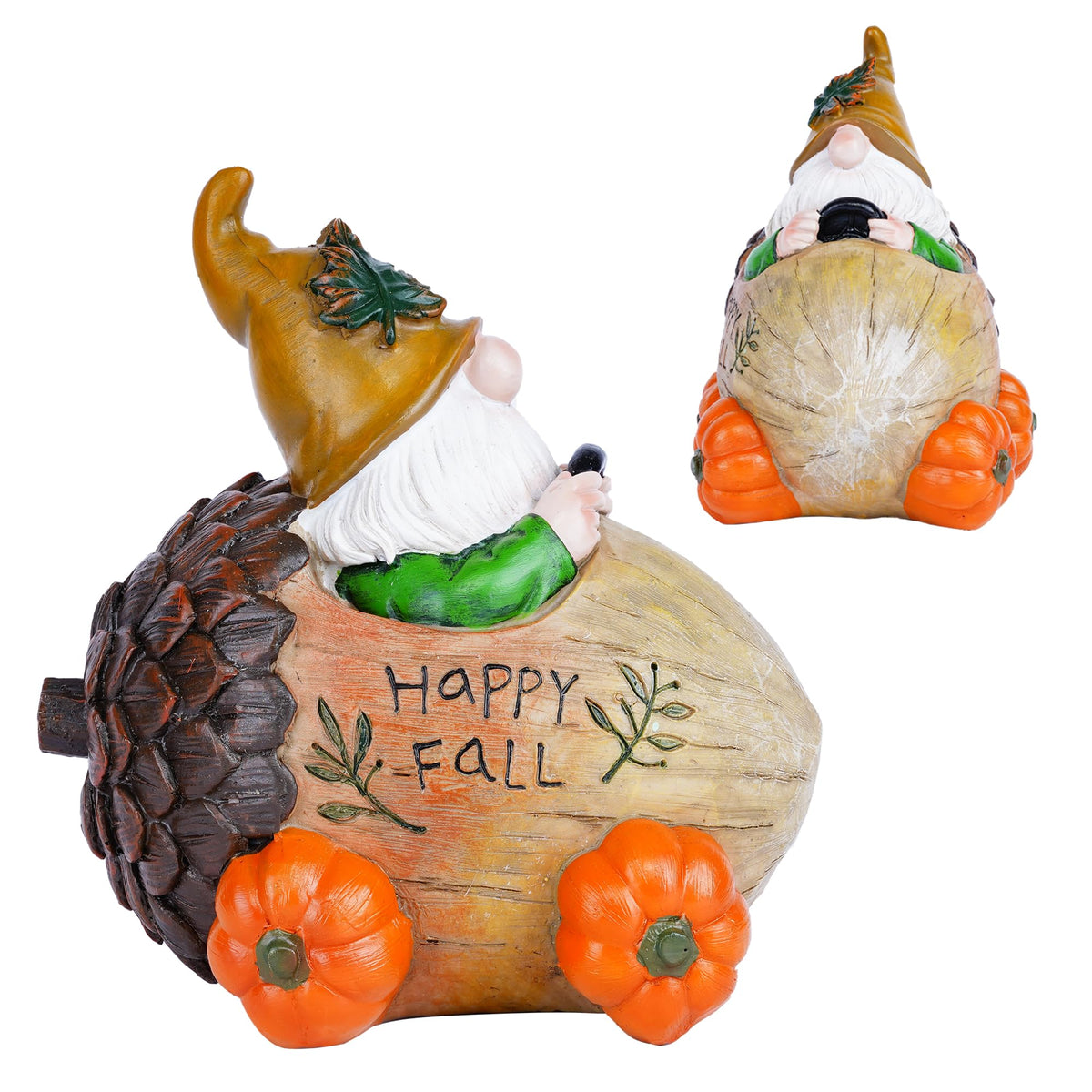 Fall Gnome Figurine with Acorn Car & Pumpkin Wheels, Happy Fall