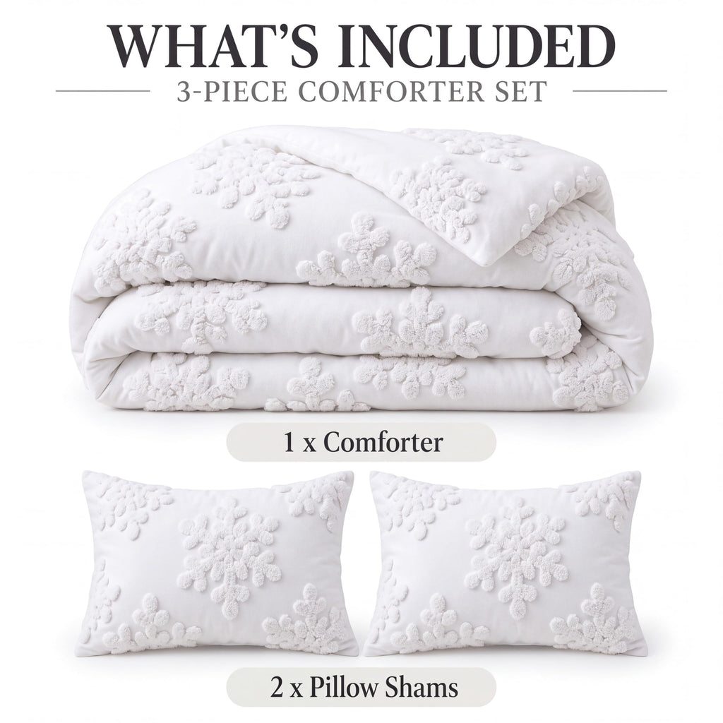 3 Pcs Snowflake Duvet Cover Set King White Snowflake Boho Tufted