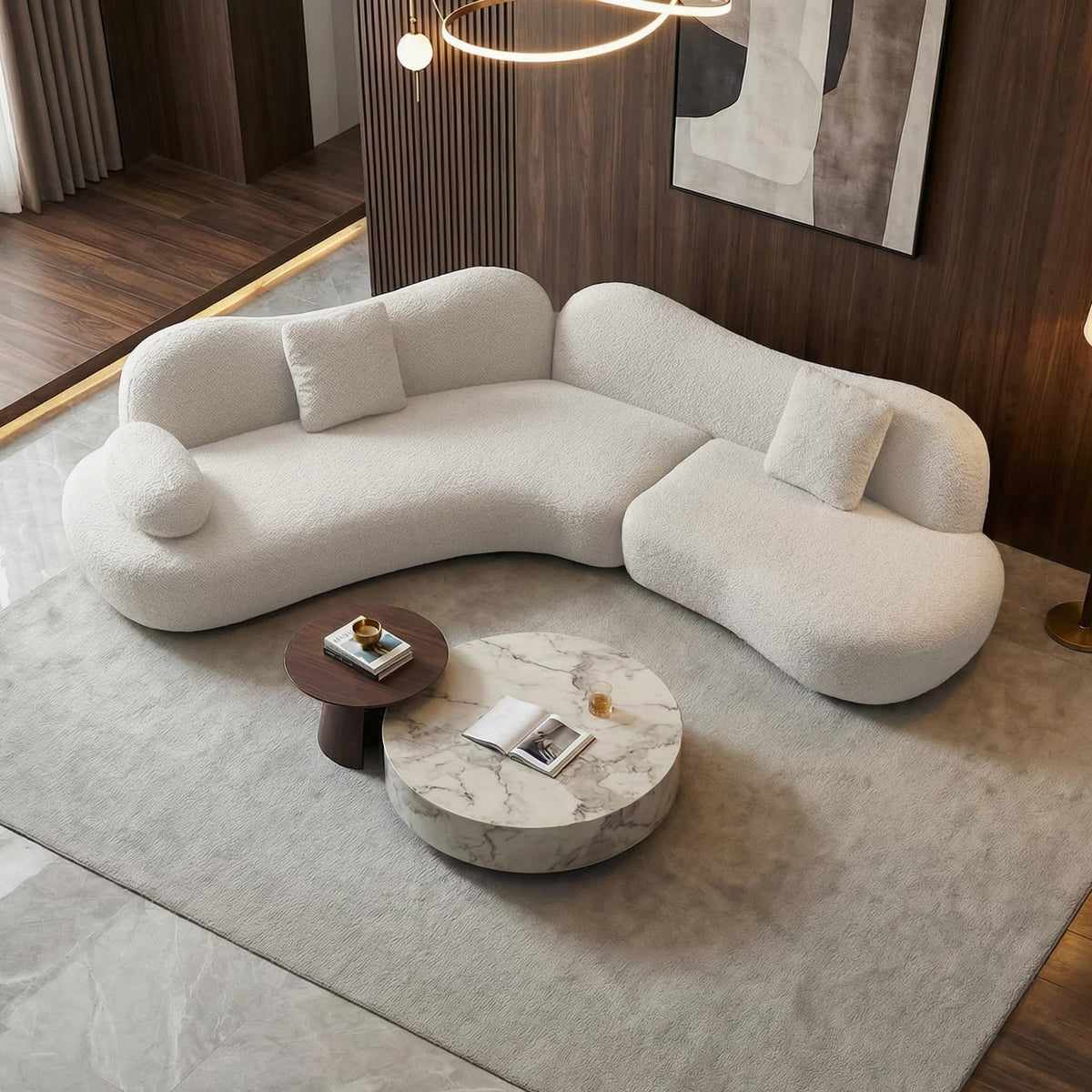 Curved Sectional Sofa, 5 Seater, Solid Wood Frame, Boucle, Modern, White