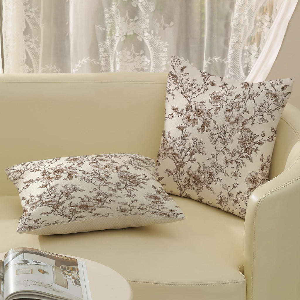 Brown Pillow Covers 18x18 Set of 2 Brown and Cream Floral Chinoiserie Throw Pillows Vintage Rustic Toile Flower