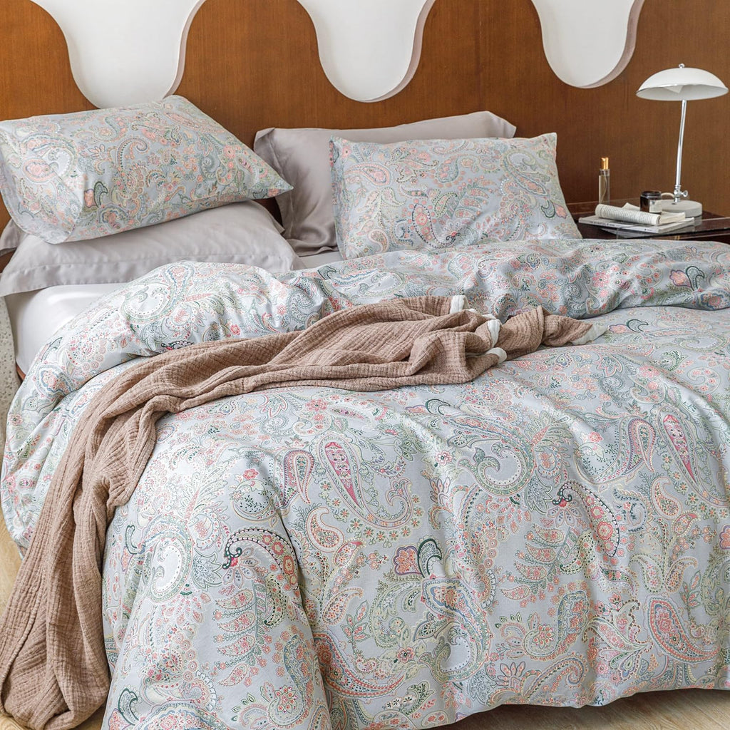 Pink Green Paisley Duvet Cover King 100% Cotton 3 Pieces Set