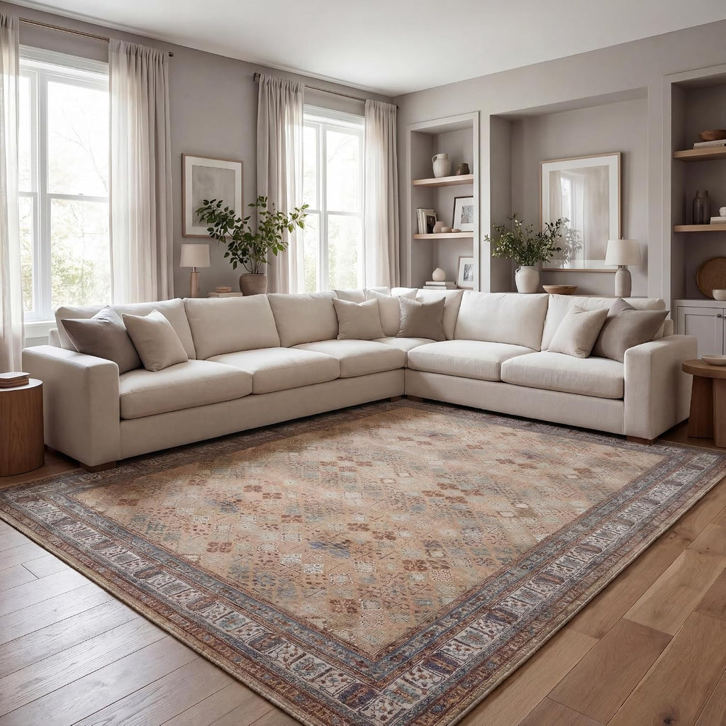 Large Area Rug, Machine Washable Area Rug with Non-Slip Backing, Vintage Style, Soft, Easy Clean, Low Pile Rug