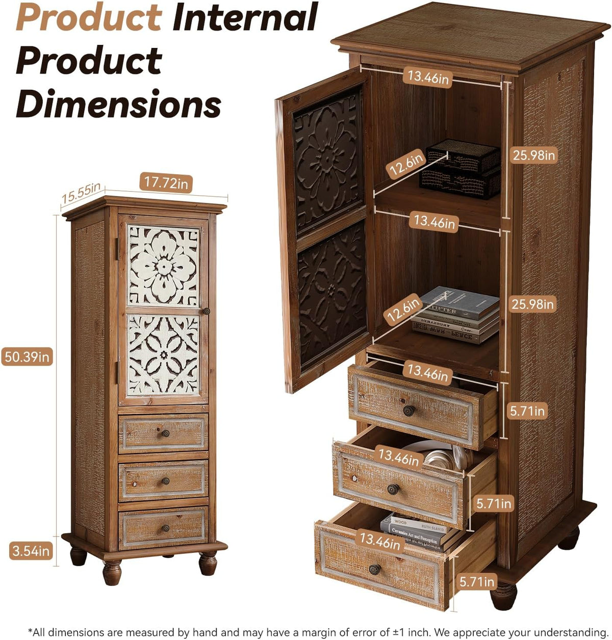 54''Tall Kitchen Pantry Cupboard Storage Cabine,Narrow Accent Cabinet | Solid Wood Frame;Farmhouse/French Country