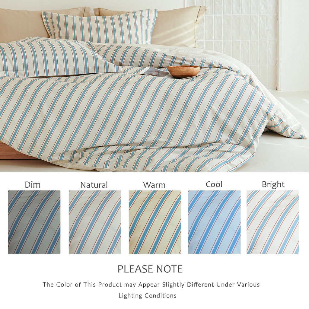 Striped Duvet Cover, 100% Natural Cotton Vintage Beige & Blue Pattern Printed Bedding Set, Soft Breathable