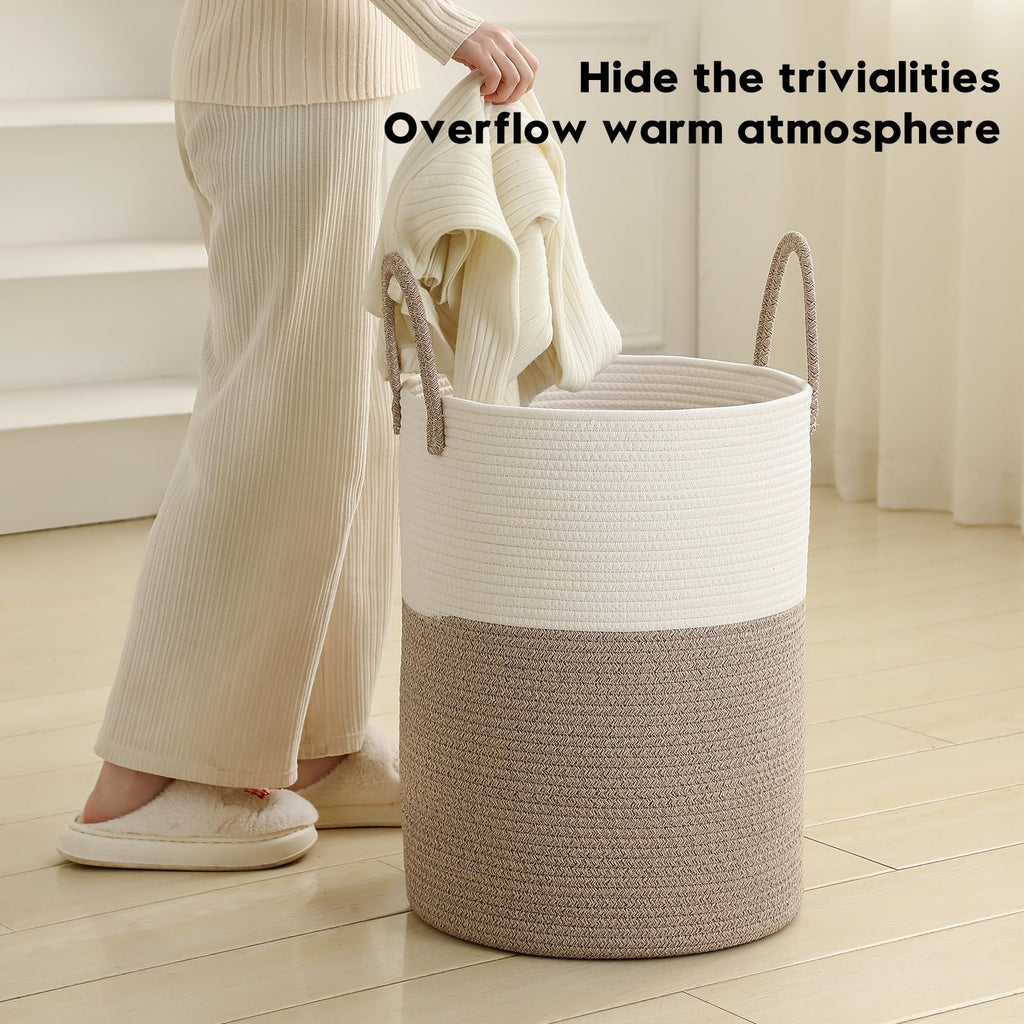 Basket Hamper Tall Rope Storage Woven for Blanket toys Dirty Clothes Bathroom Bedroom (White&Brown, 100L/26.4Gal)