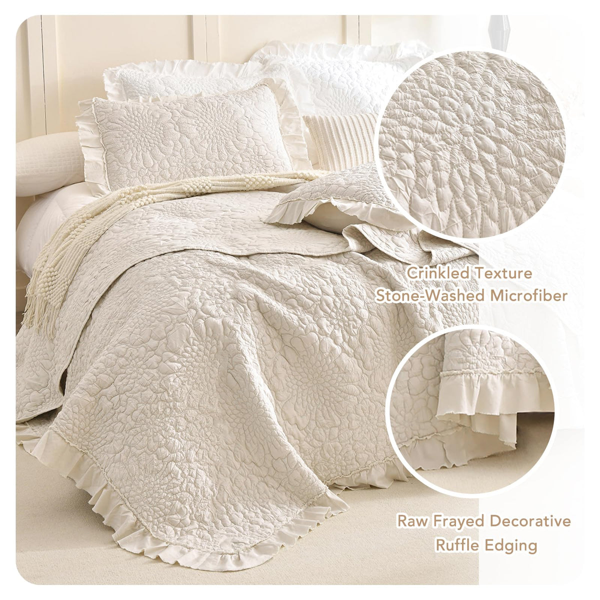 Wheat Quilt Sets, Stone-Washed Lightweight Ruffle Coverlet