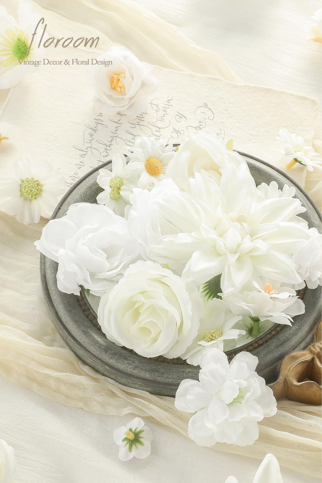Mini Artificial Flower Heads Ivory & White Fake Peony Daisy Rose Multicolor Small Faux Silk Flower Heads for Cake