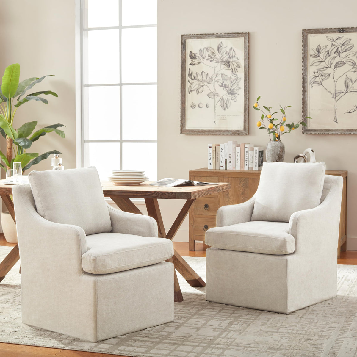 Upholstered Set of 2, Dining Room Chairs with Casters