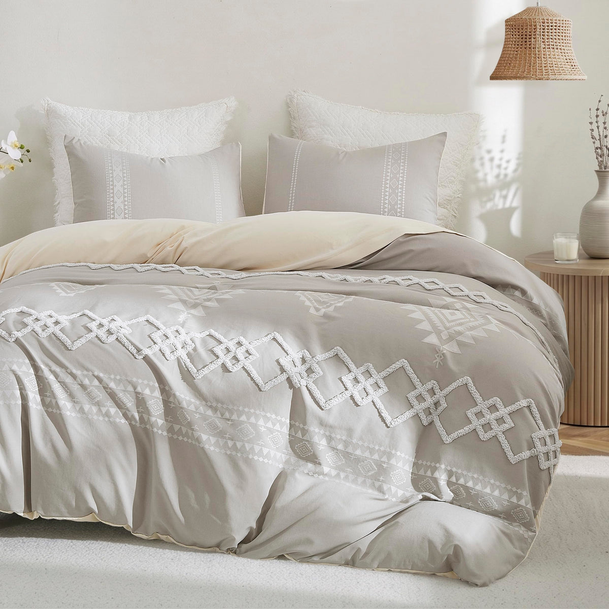 Boho Duvet Cover King Size, Light Gray & Ivory, 3 Pieces