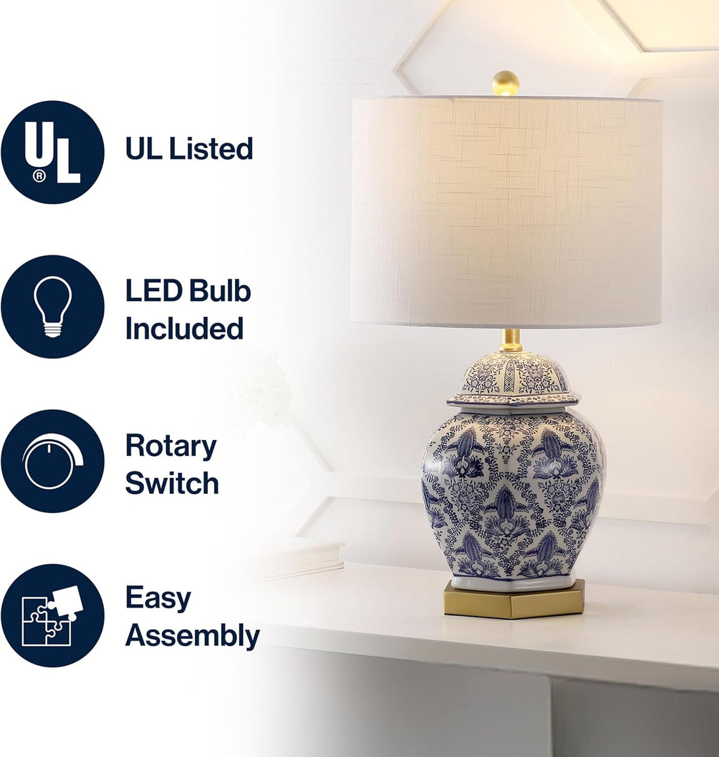 25" Blue/White Classic Traditional Ginger Jar Ceramic LED Table Lamp, Chinoiserie Table Lamp Bedroom, Gold Base