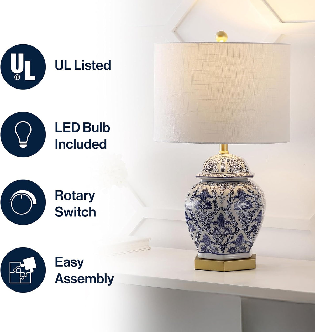 25" Blue/White Classic Traditional Ginger Jar Ceramic LED Table Lamp, Chinoiserie Table Lamp Bedroom, Gold Base