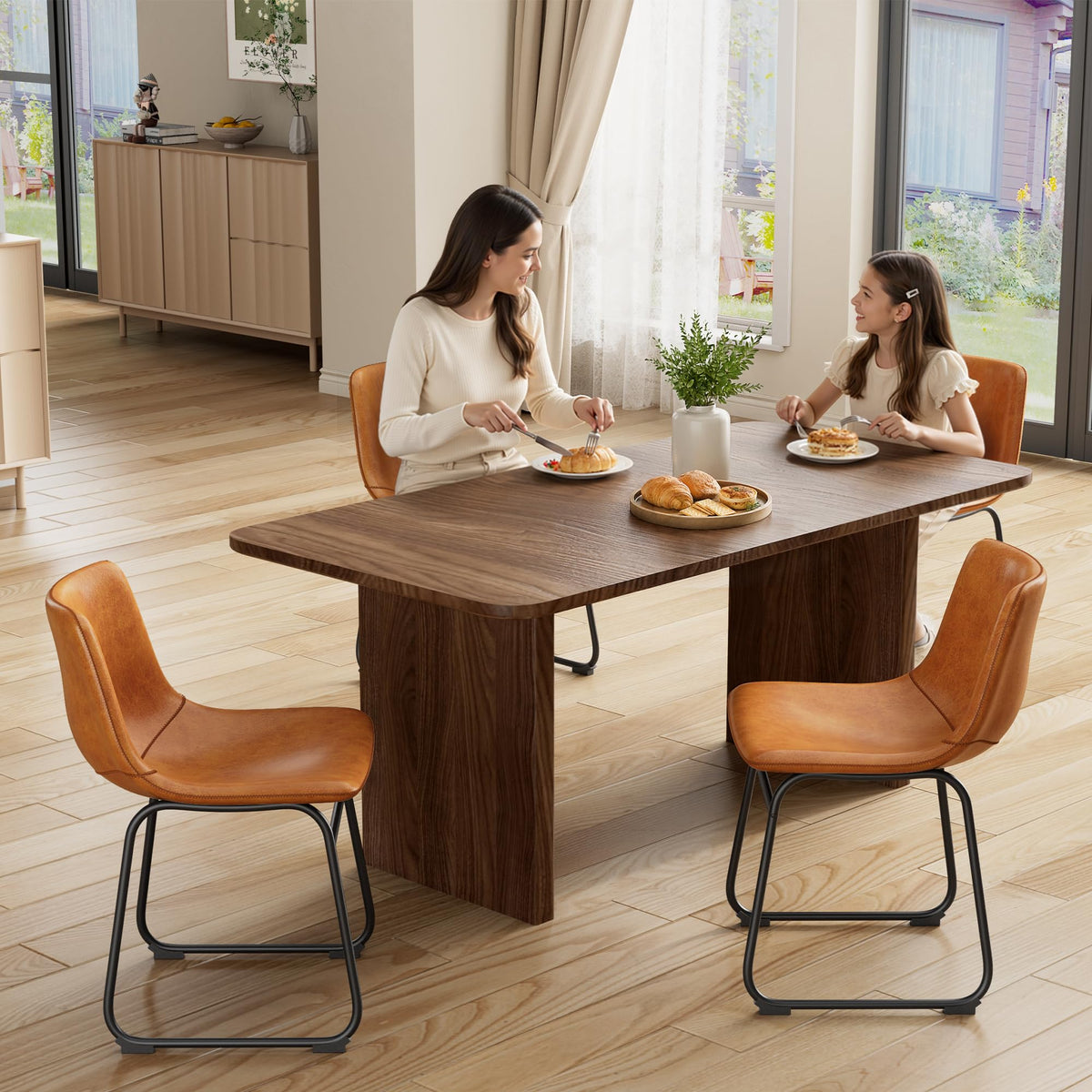 Dining Chairs Set of 6, 18" PU Leather Dinner Chairs, Brown