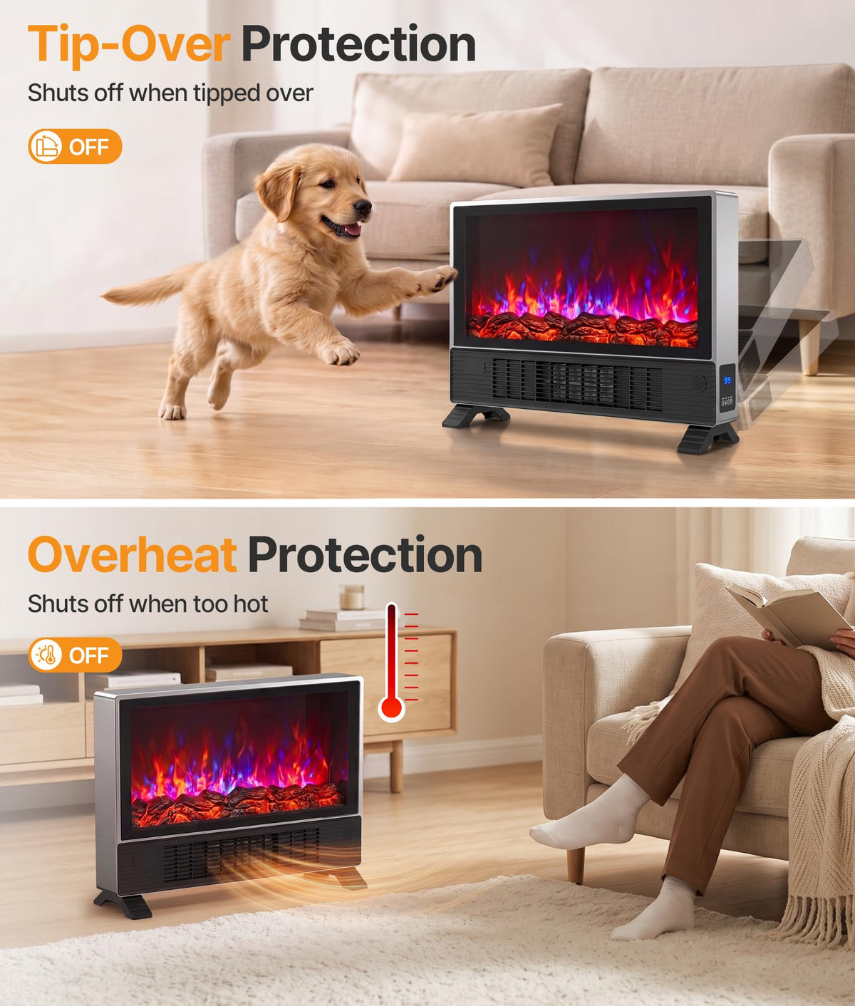 23.6-Inch Freestanding Electric Fireplace Heater with 3D Flame Effect