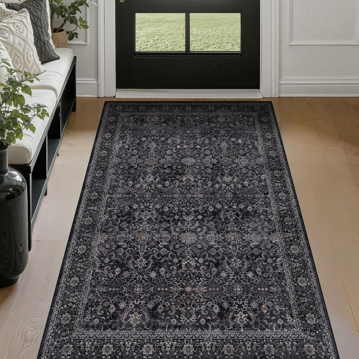 Vintage Dark Entryway Rug Indoor Foyer, Earth Tone Farmhouse Throw Rug Bathroom, Machine Washable Non Slip Thin