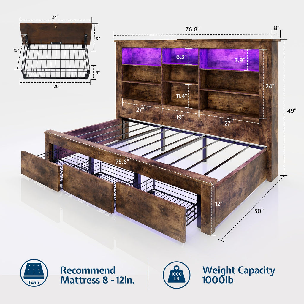 Bed Frame Bookcase Headboard, USB/LED&3 Drawers, Rustic Oak