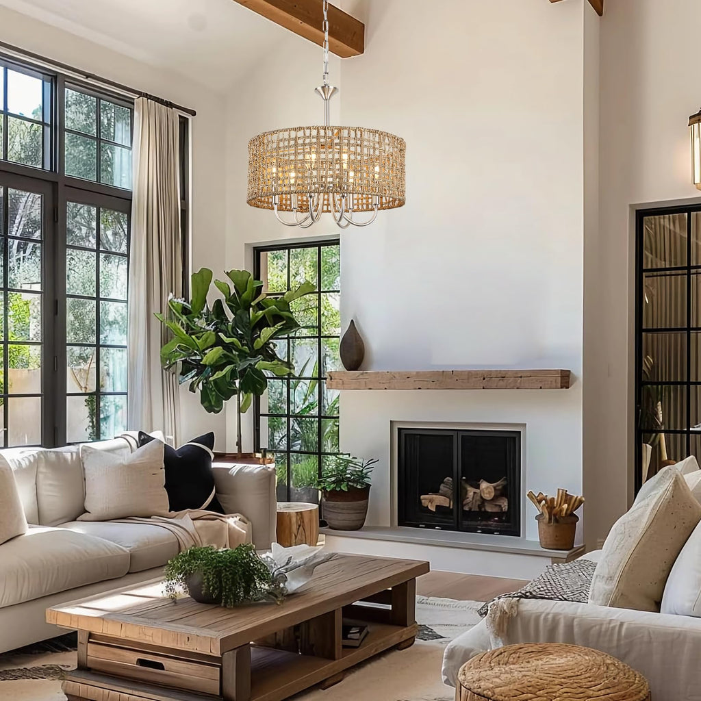 17.7" Brushed Nickel Rattan Chandelier, 6-Light Boho Wicker Light Fixture