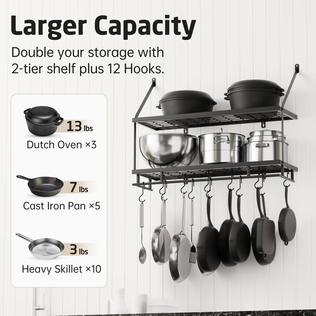 Kitchen Pot Rack - Mounted Hanging Rack Storage and Organization - Matte Black 2-Tier Wall Shelf with Guard