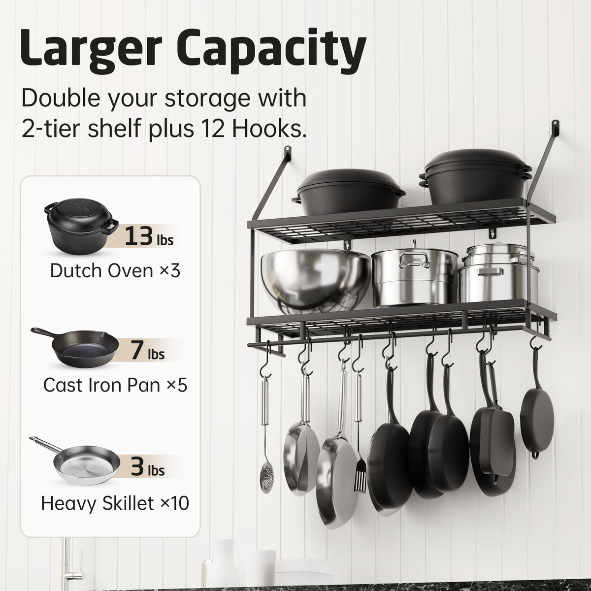 Kitchen Pot Rack - Mounted Hanging Rack Storage and Organization - Matte Black 2-Tier Wall Shelf with Guard