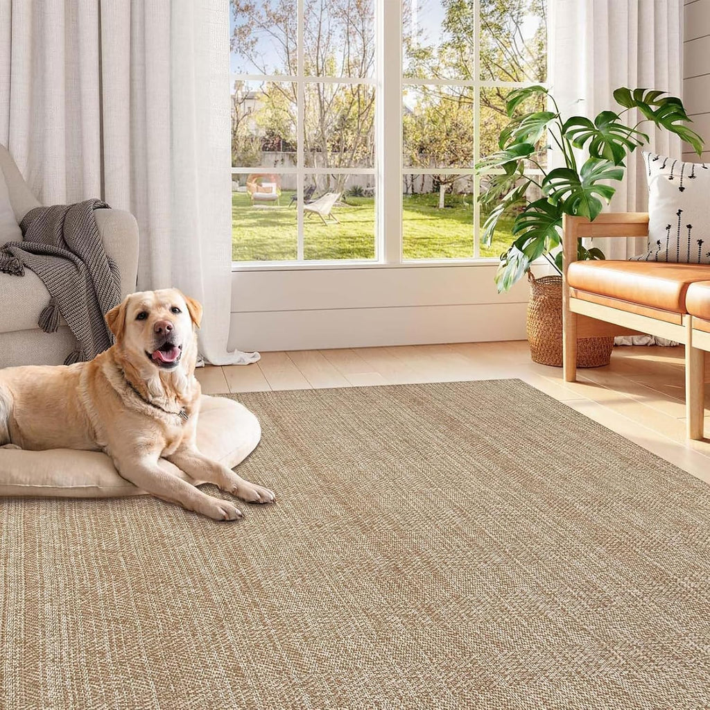 Boho Living Room Rugs, Washable Woven Cotton Modern Bedroom Rugs | Farmhouse Tan Braided Floor Carpet Rug Room