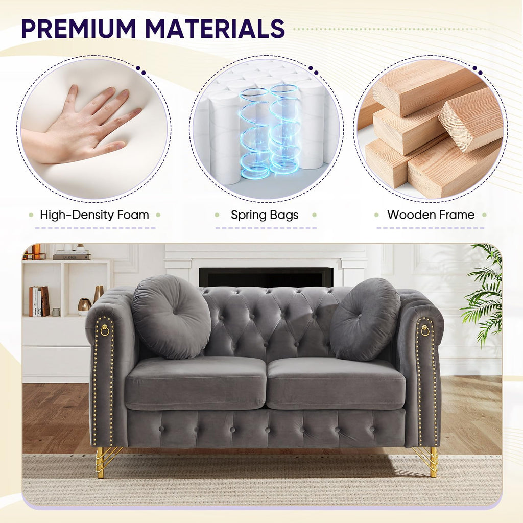 3 Piece Chesterfield Sofa Set with Armrest Ring(37"W+60.5"W+82"W, Grey)