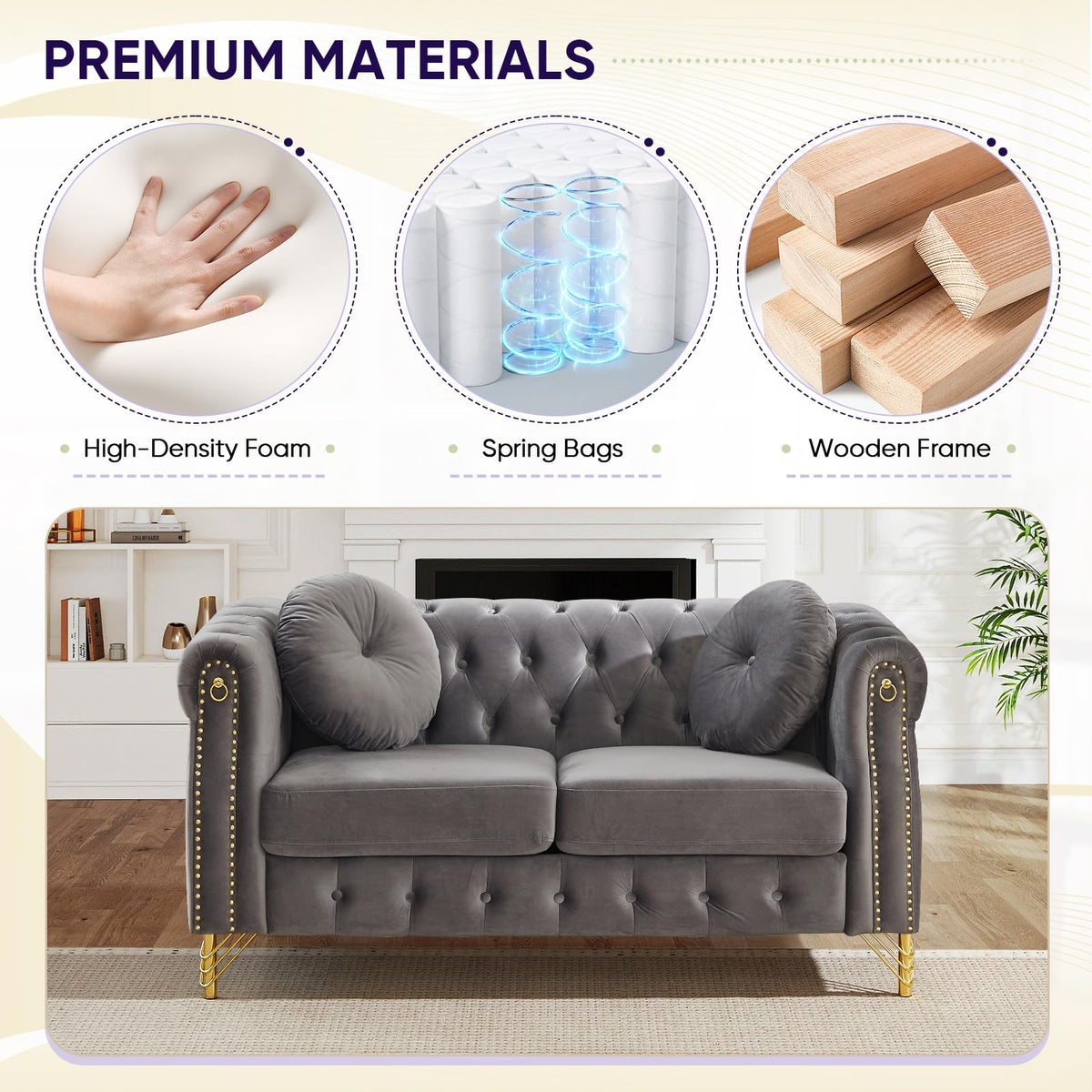 3 Piece Chesterfield Sofa Set with Armrest Ring(37"W+60.5"W+82"W, Grey)