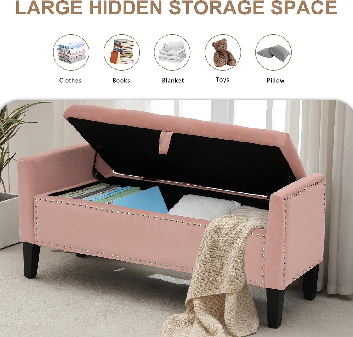 Velvet Ottoman with Storage, 46'' Upholstered Button Tufted End of Bed Bench with Arms, Modern Storage Bench , Pink