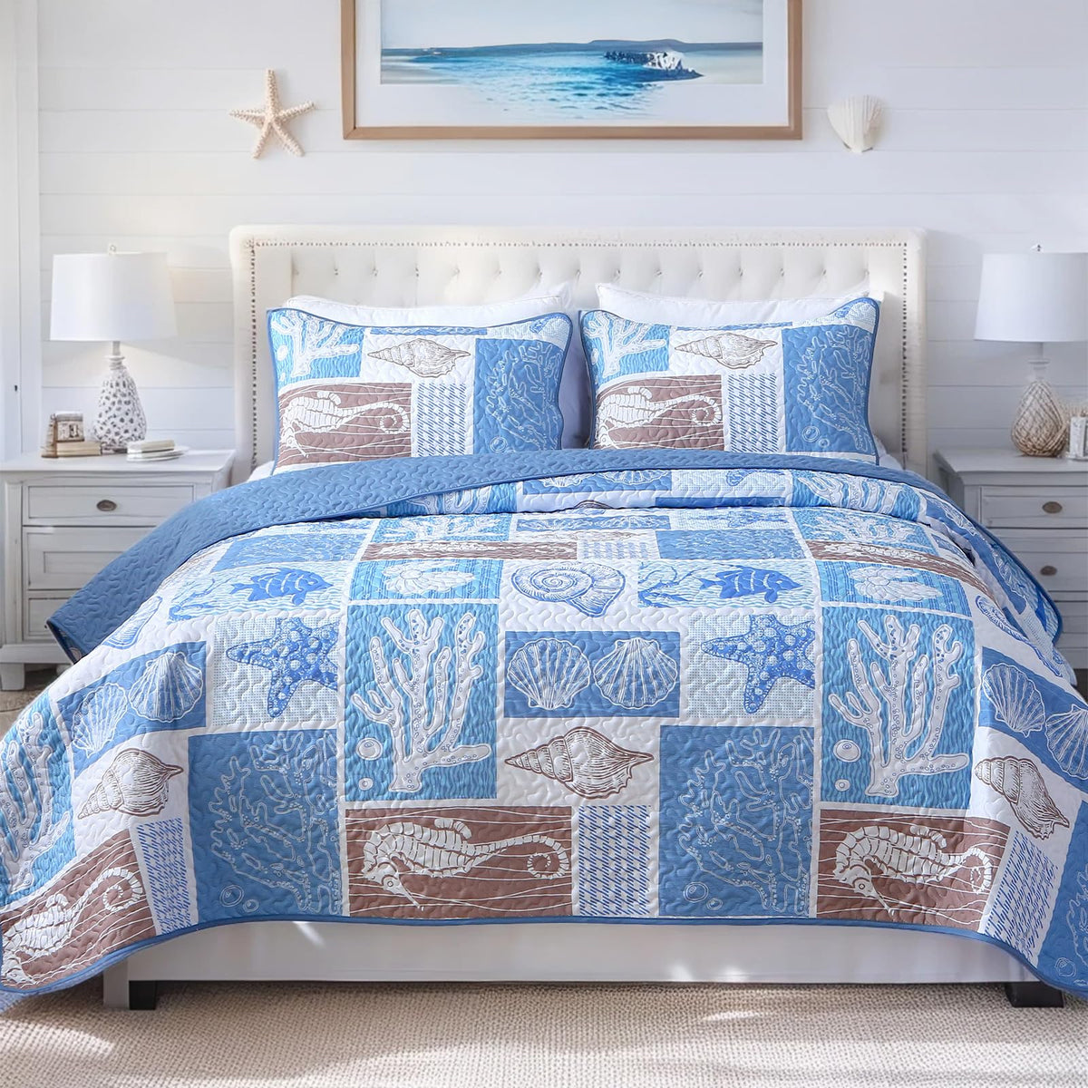 Coastal Quilt Set, Beach Coverlet Blue Starfish Coral Seashell Bedspread, Ocean Beach Themed Bed Cover