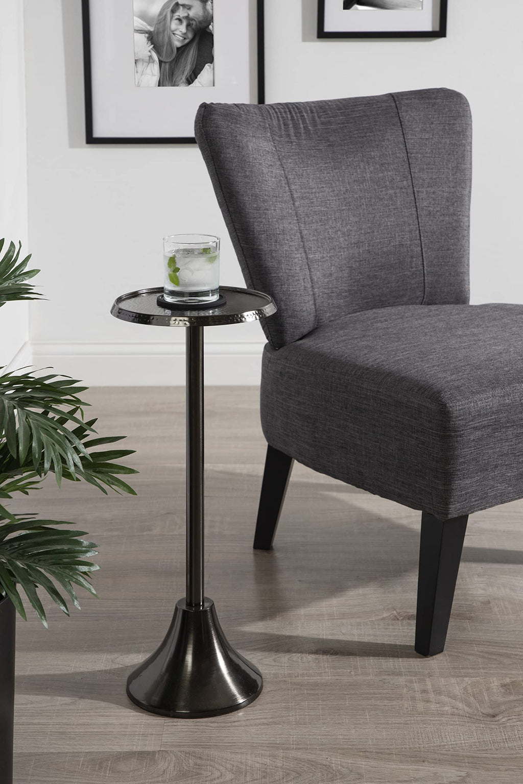 Inspired Saarinen Style Sanzo Modern Pedestal Side Table; 9 x 9 x 23; Pewter; Decorative with Hammered Tabletop