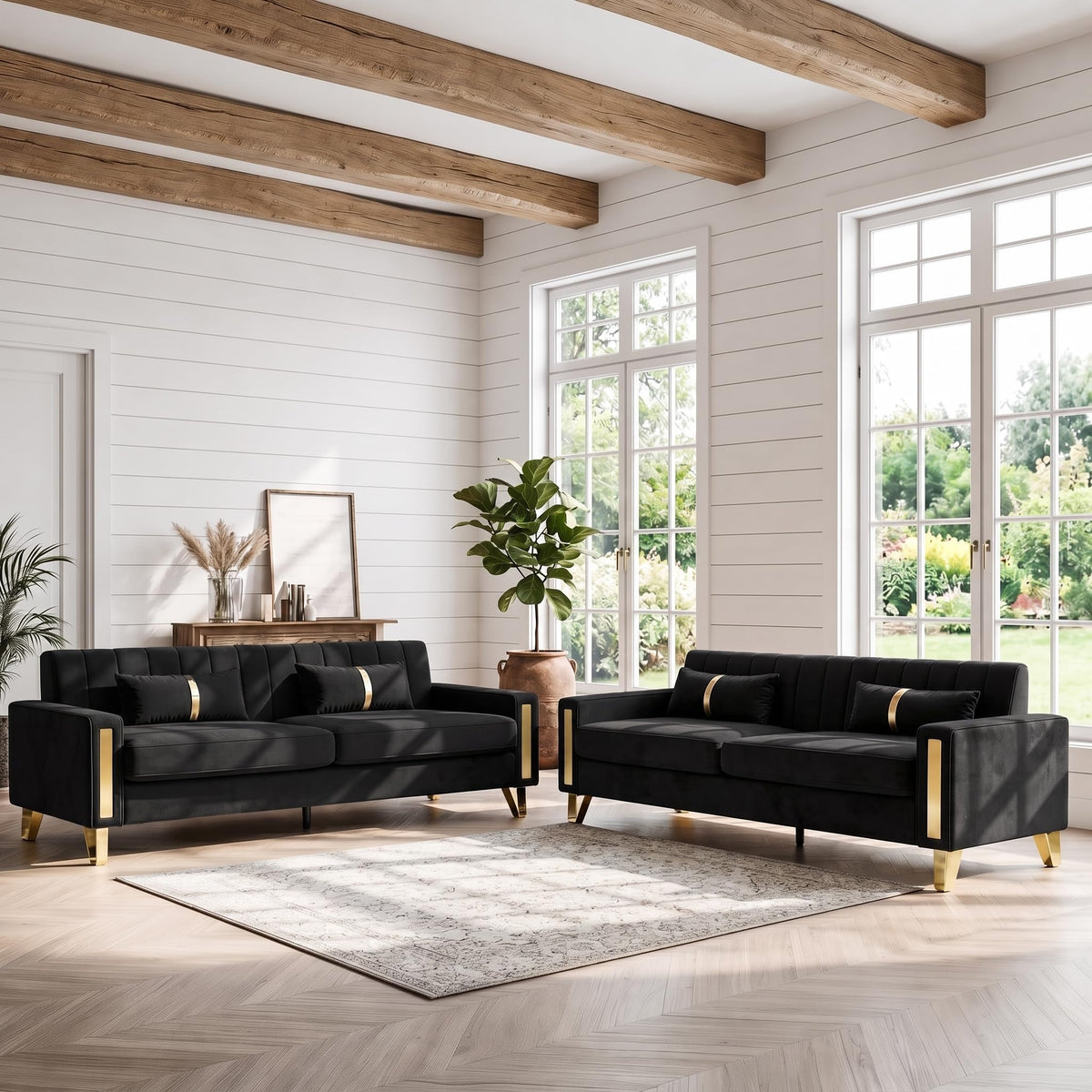 2-Piece Loveseat Couch Set, 86" Black 3-Seater Velvet Sofa Couch with 4 Pillows & Gold Metal Legs, Modern