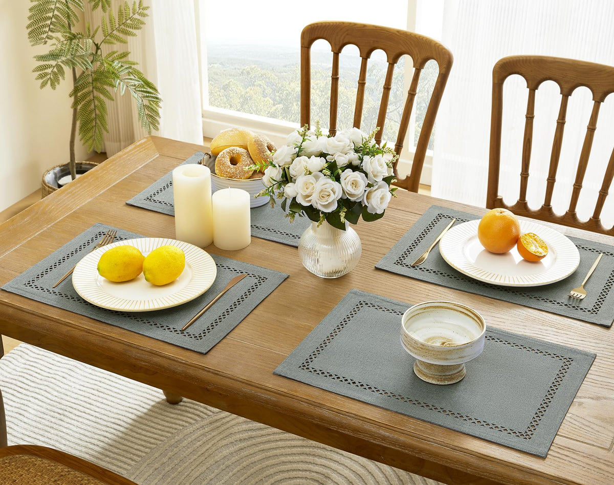 Farmhouse Burlap Place Mats, Grey Placemats Set of 4, 12 x 18 Inch
