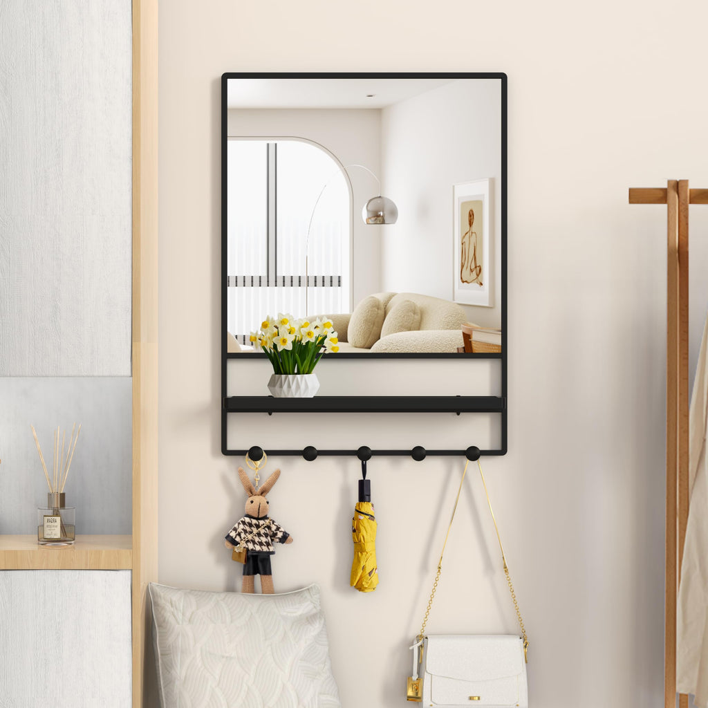 Wall Mirror with Shelf and Hooks,Bathroom Vanity Mirror with Hooks, 21 X 28 inch Metal Framed Decorative Mirror