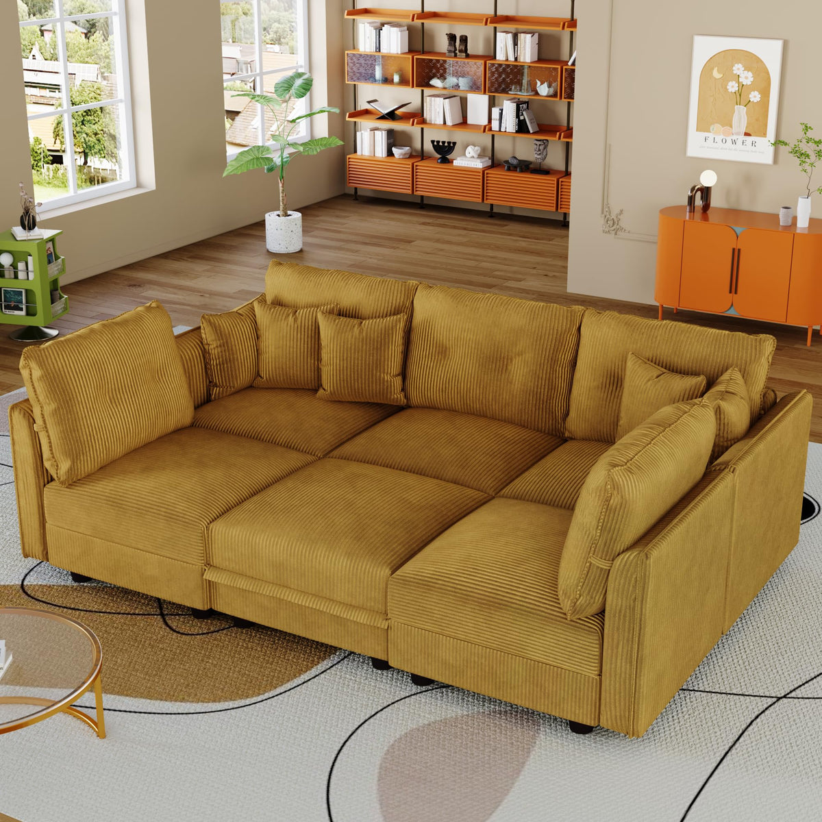 Modular Sectional Sleeper Sofa with Storage, U Shaped 6-Seat Corduroy Couch with 5 Throw Pillows, Convertible Sofa