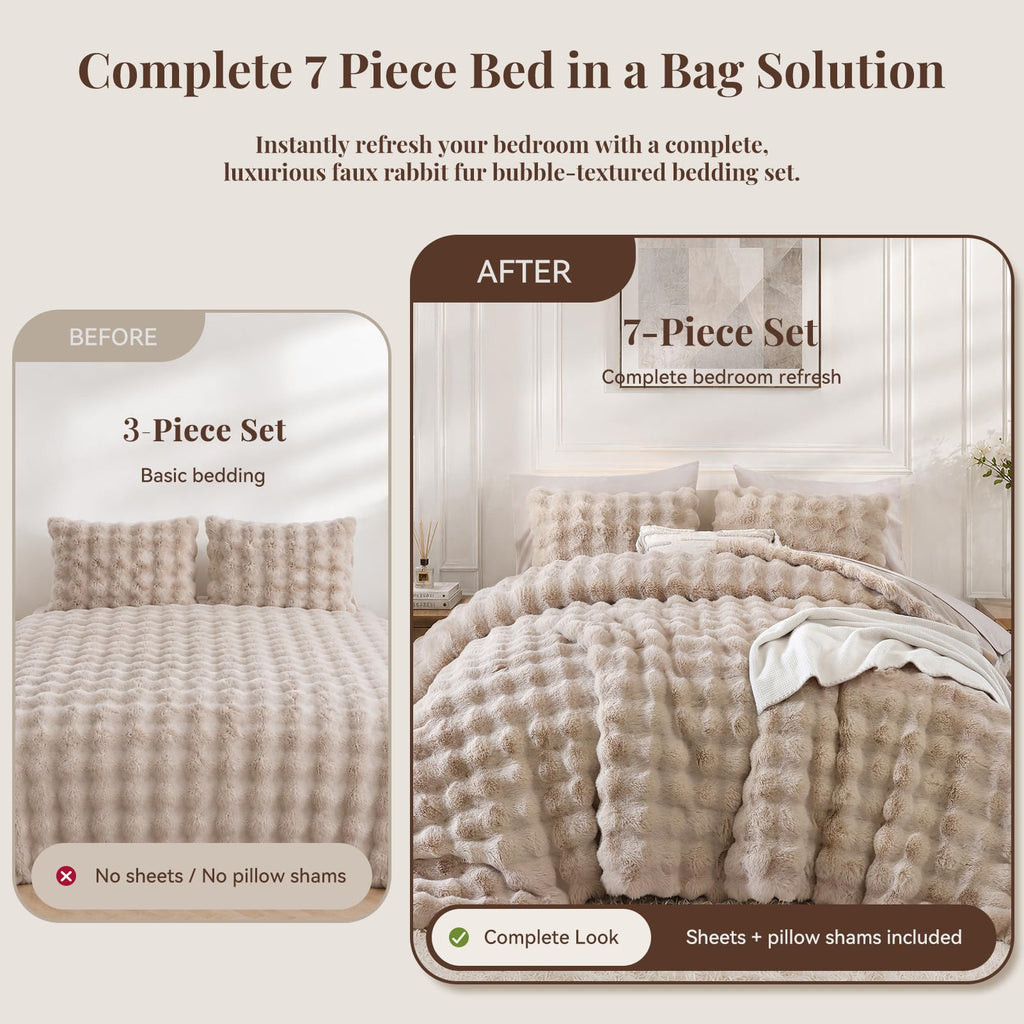 Faux Rabbit Fur Fluffy Comforter Set - 7 Piece Bed in a Bag